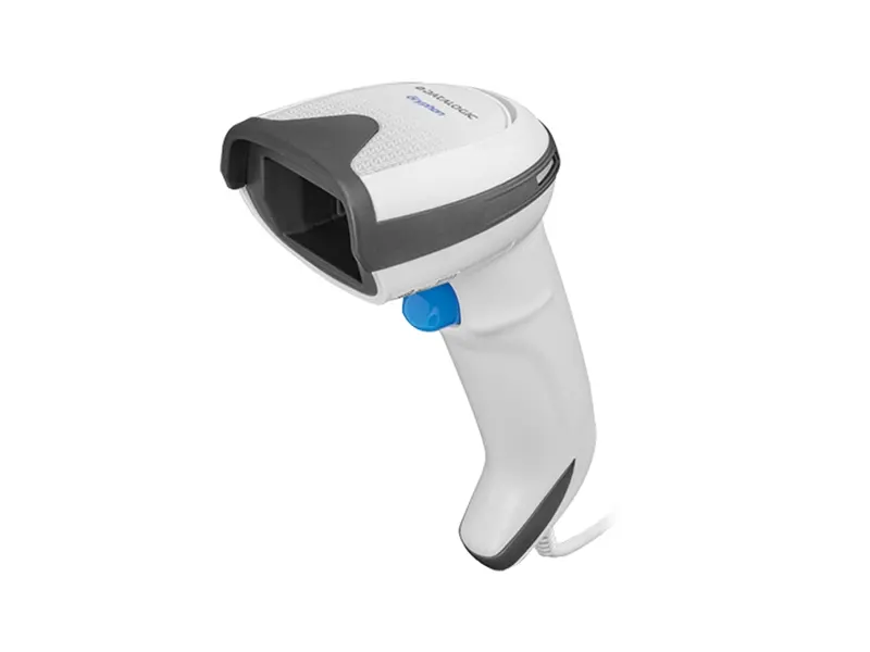 Weißer Datalogic Gryphon Barcode-Handscanner mit Kabel