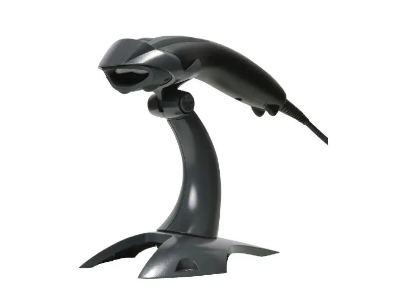 Schwarzer kabelgebundener Barcode-Scanner auf Standfuß