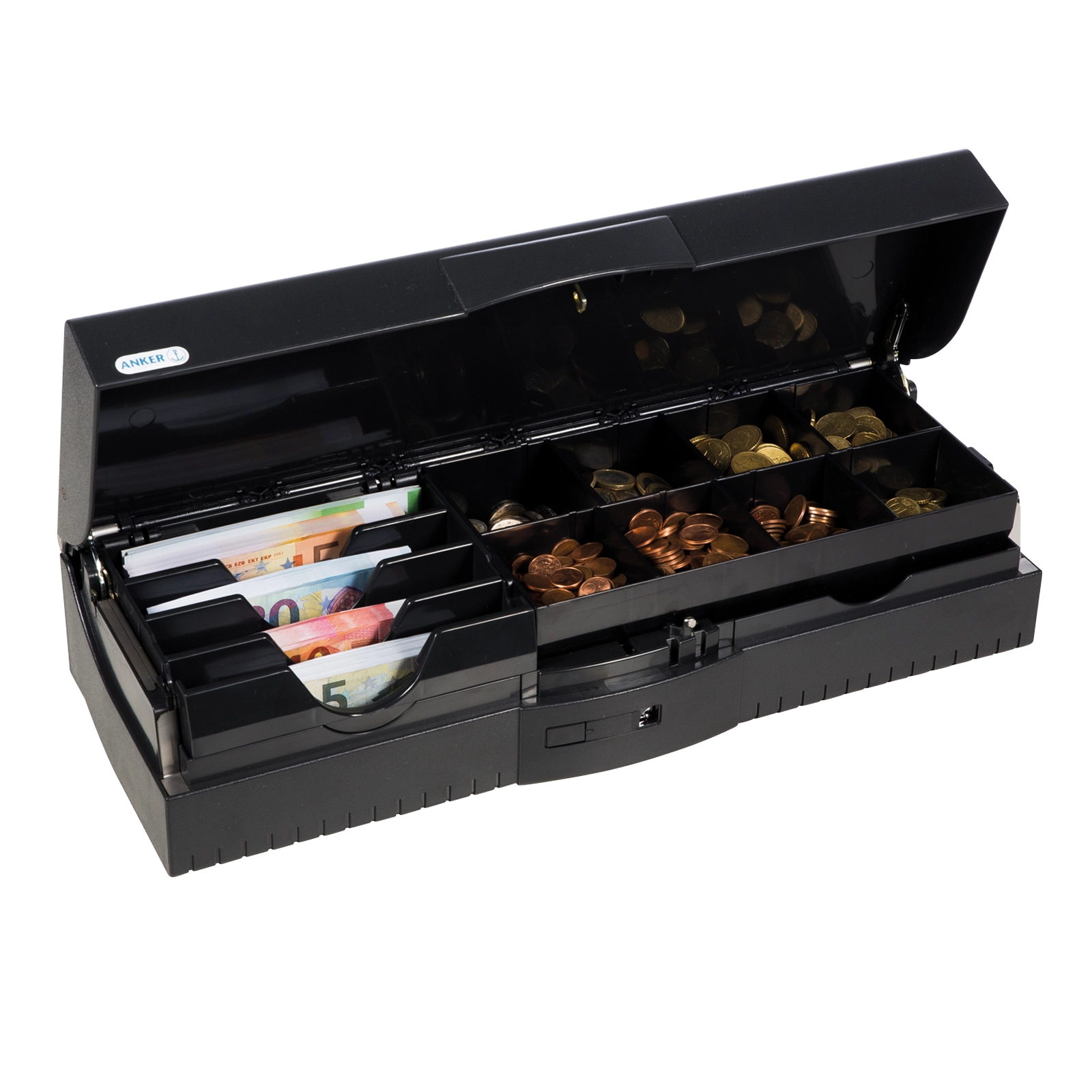Offene Geldkassette mit Münz- und Banknotenfächern
