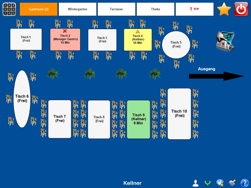 Bildschirm mit digitaler Tischübersicht im Gastraum