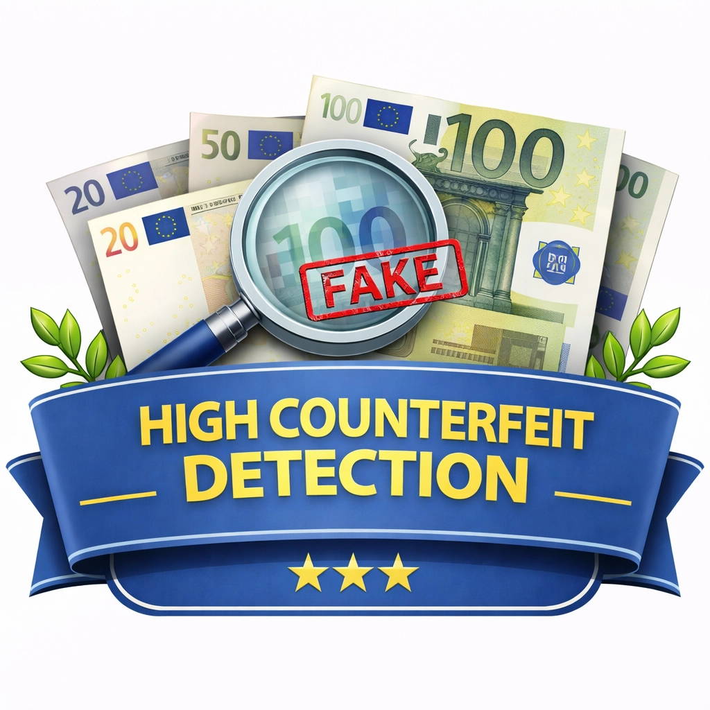 Cash Concepts CCE 7001 Banknotenzähler mit Falschgelderkennung für sortierte und gemischte Euro-Zählung, Symbolbild mit Lupe und Fake-Stempel