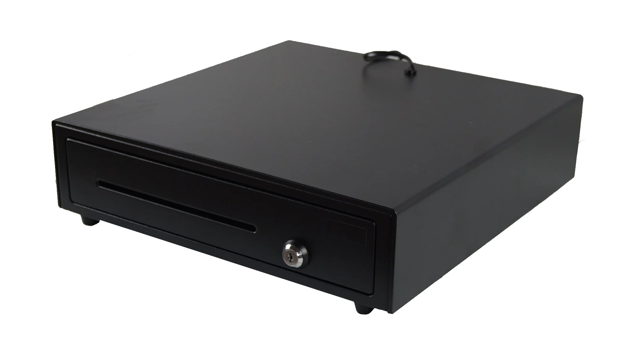 Schwarze Kassenschublade aus Metall mit Schloss