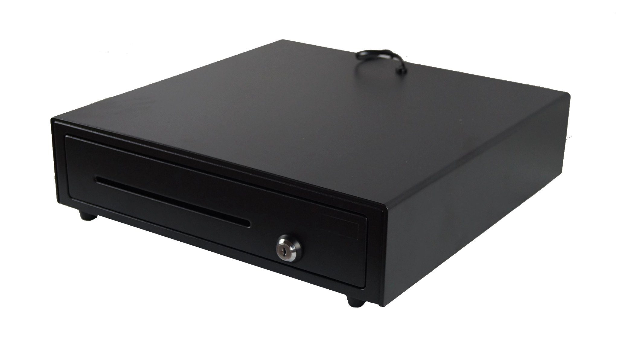 Schwarze Kassenschublade aus Metall mit Schloss