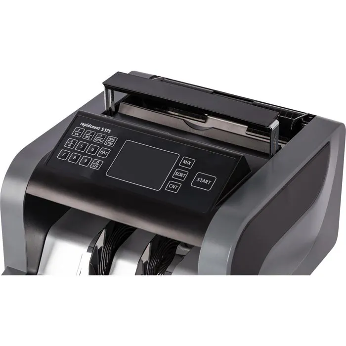 Schwarze Safescan rapidcount S575 Geldzählmaschine mit Tastenfeld, Display und Einzugsschacht zum schnellen Zählen und Sortieren von Banknoten