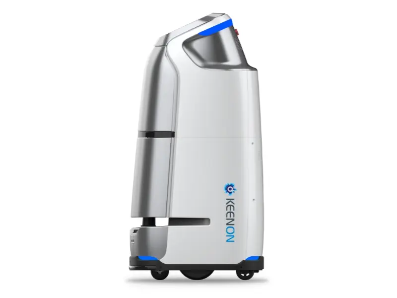 Seitenansicht eines KEENON Lieferroboters auf Rollen