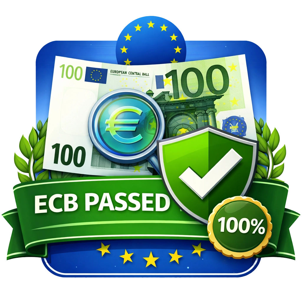 ECB Passed Symbol mit 100-Euro-Schein, Euro-Lupe, grünem Prüfschild und 100%-Siegel für geprüfte Euro-Banknoten
