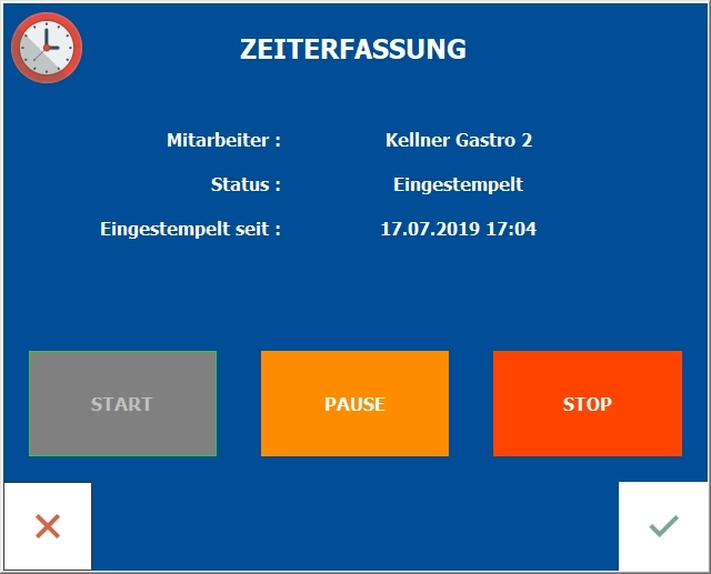 Zeiterfassung mit Status eingestempelt und Bedienfeldern