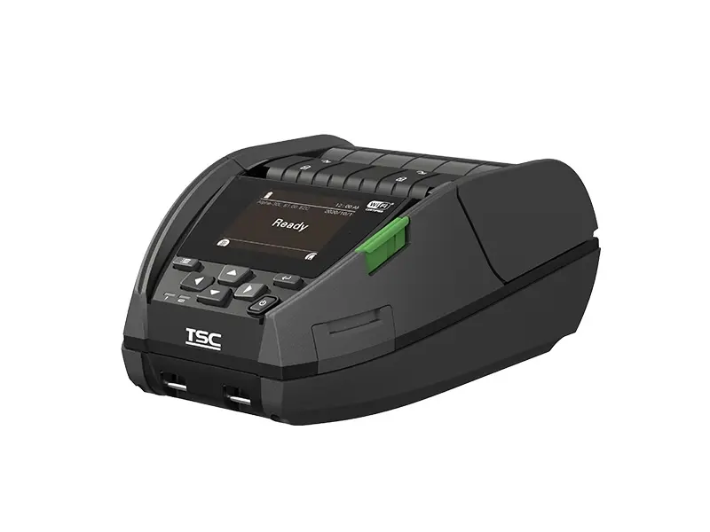 Schwarzer TSC Alpha-30L mobiler Etikettendrucker seitlich