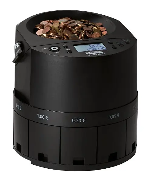 Schwarze Euro-Münzzählmaschine mit Display und Sortierfächer