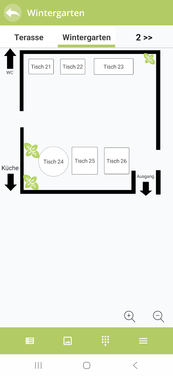 App-Ansicht eines Wintergarten-Sitzplans mit Tischen 21 bis 26 sowie Markierungen für WC, Küche, Ausgang und Pflanzen.