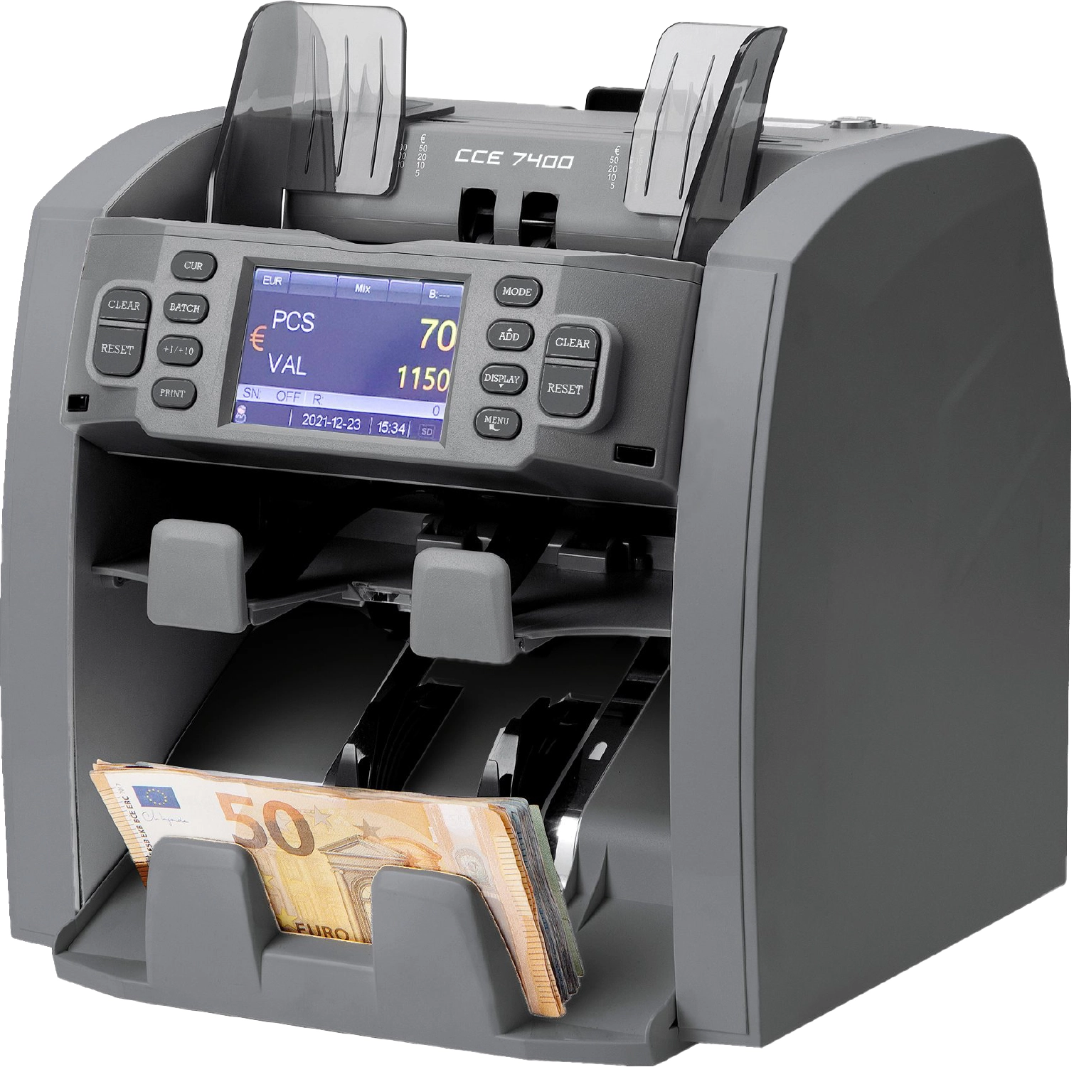 Banknotenzähler Cash Concepts CCE 7400 mit Euro-Banknoten für sortierte und gemischte Zählung sowie Falschgelderkennung EUR, USD, GBP und CHF