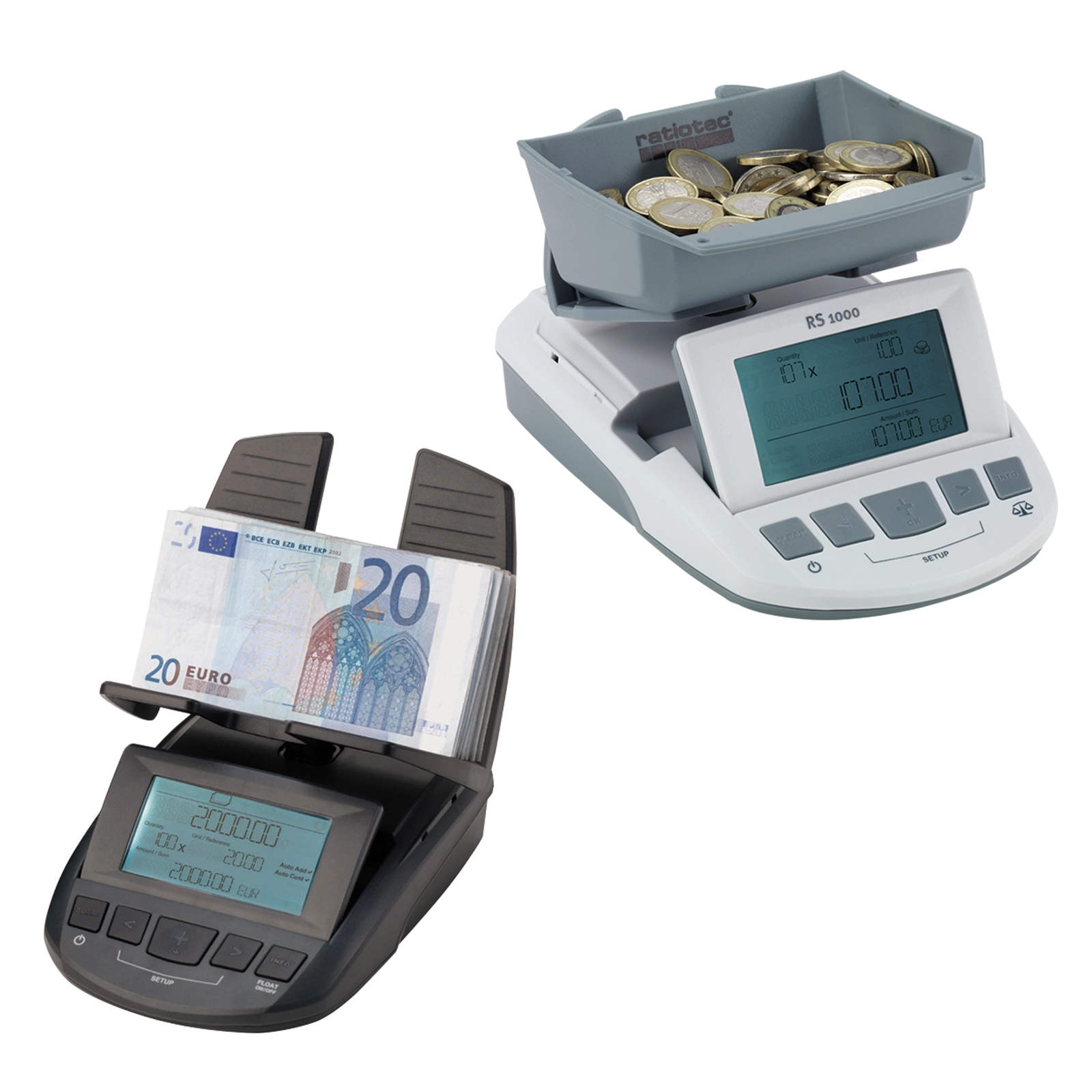 Elektronische Ratiotec Geldzählwaagen mit Euro-Münzen und -S