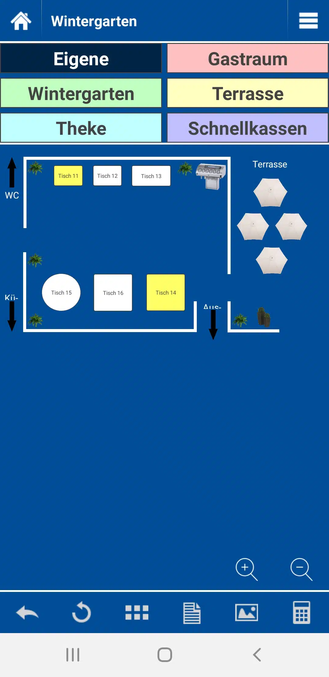 Digitaler Tischplan Wintergarten mit Tischen 11 bis 16