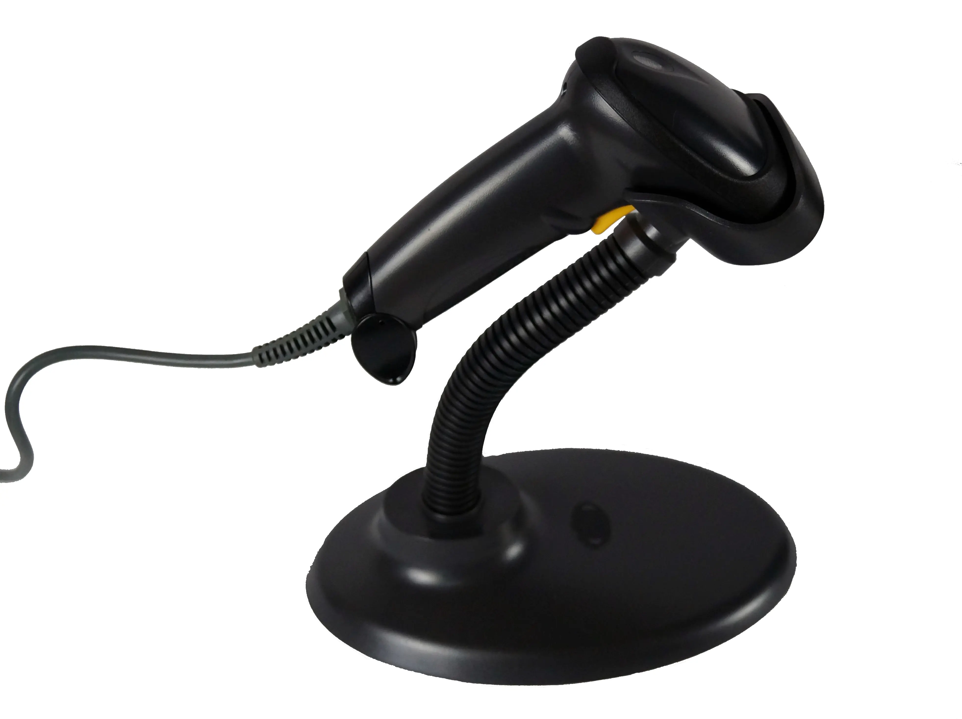 Schwarzer kabelgebundener Barcodescanner auf Standfuß