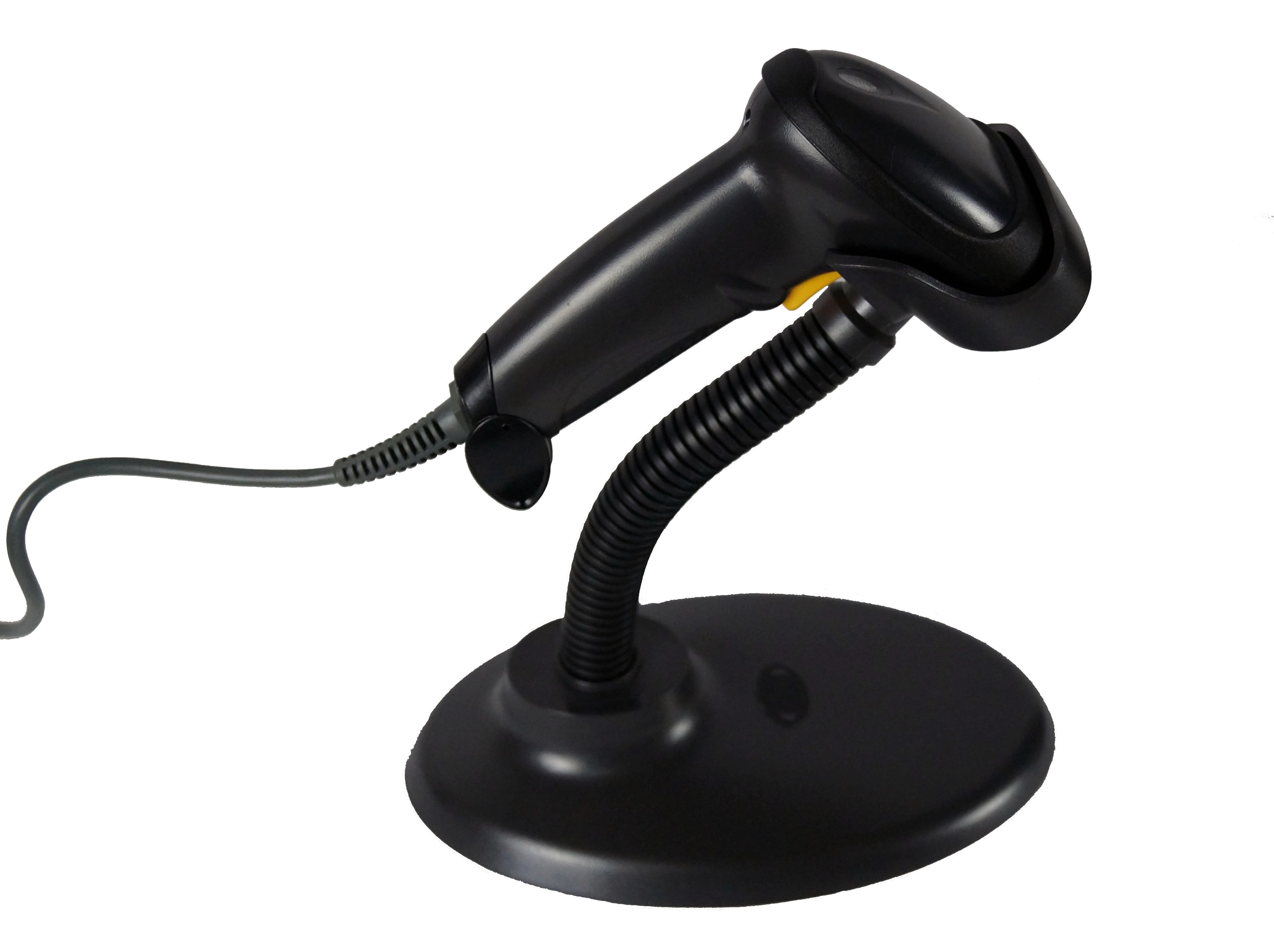 Schwarzer kabelgebundener Barcodescanner auf Standfuß