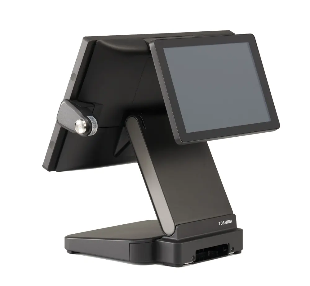Seitliche Ansicht eines Toshiba Kassensystems mit Dualscreen