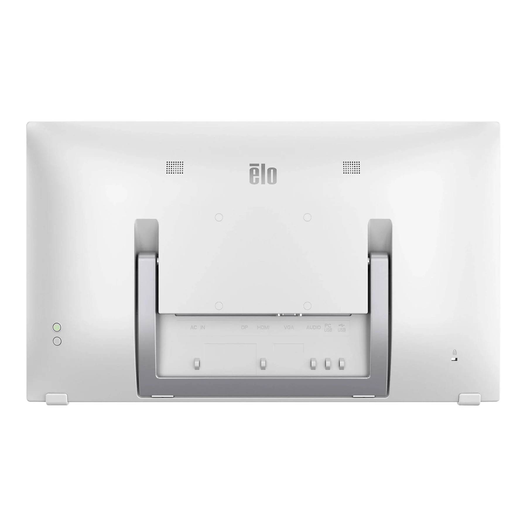 Rückansicht des weißen EloTouch 2470L 23,8 Zoll Touchmonitors mit Anschlussfeld, USB, HDMI, VGA, DP und VESA-Montage