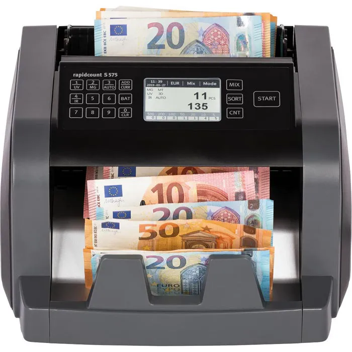 Schwarzer Banknotenzähler rapidcount S 575 mit Display beim Zählen gemischter Euro-Geldscheine für Kasse, Büro und Handel