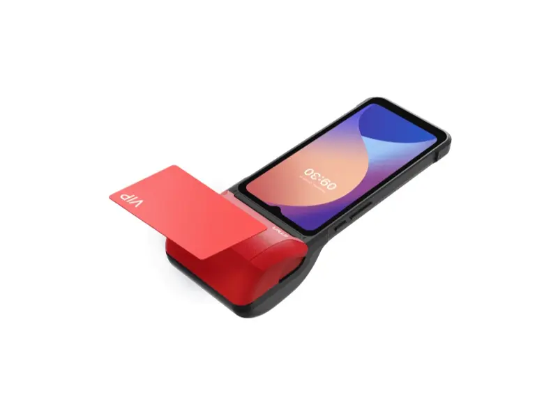 Rotes mobiles Kartenlesegerät mit Smartphone-Display