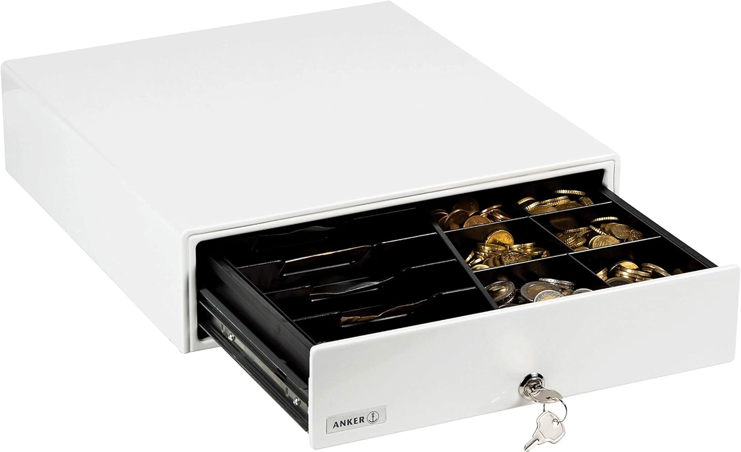 Weiße Kassenschublade mit Münz- und Scheinfach, abschließbar