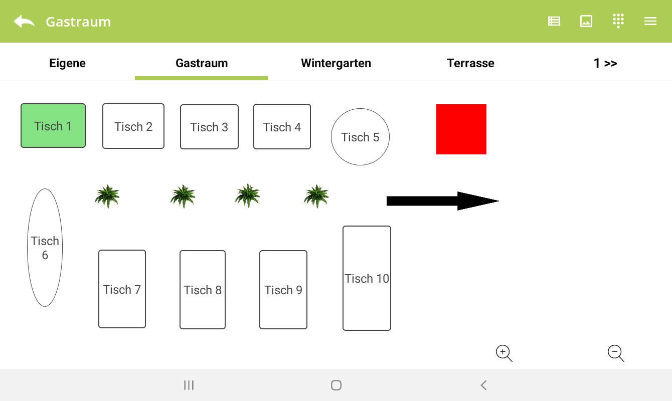 Screenshot einer Gastro-Kassensoftware mit digitalem Tischplan im Gastraum, nummerierten Tischen und markiertem Tisch 1.
