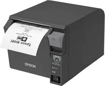 Schwarzer Epson Thermo-Bondrucker mit gedrucktem Beleg