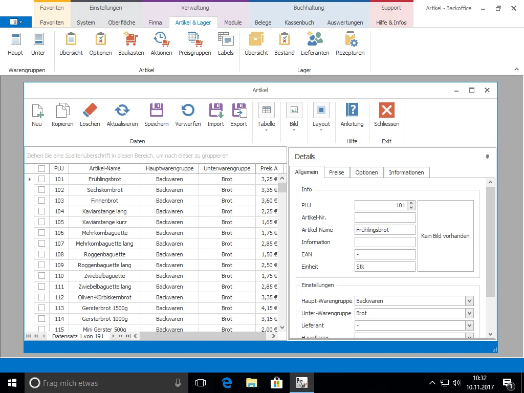 Screenshot einer Backoffice-Artikelverwaltung für Bäckereien