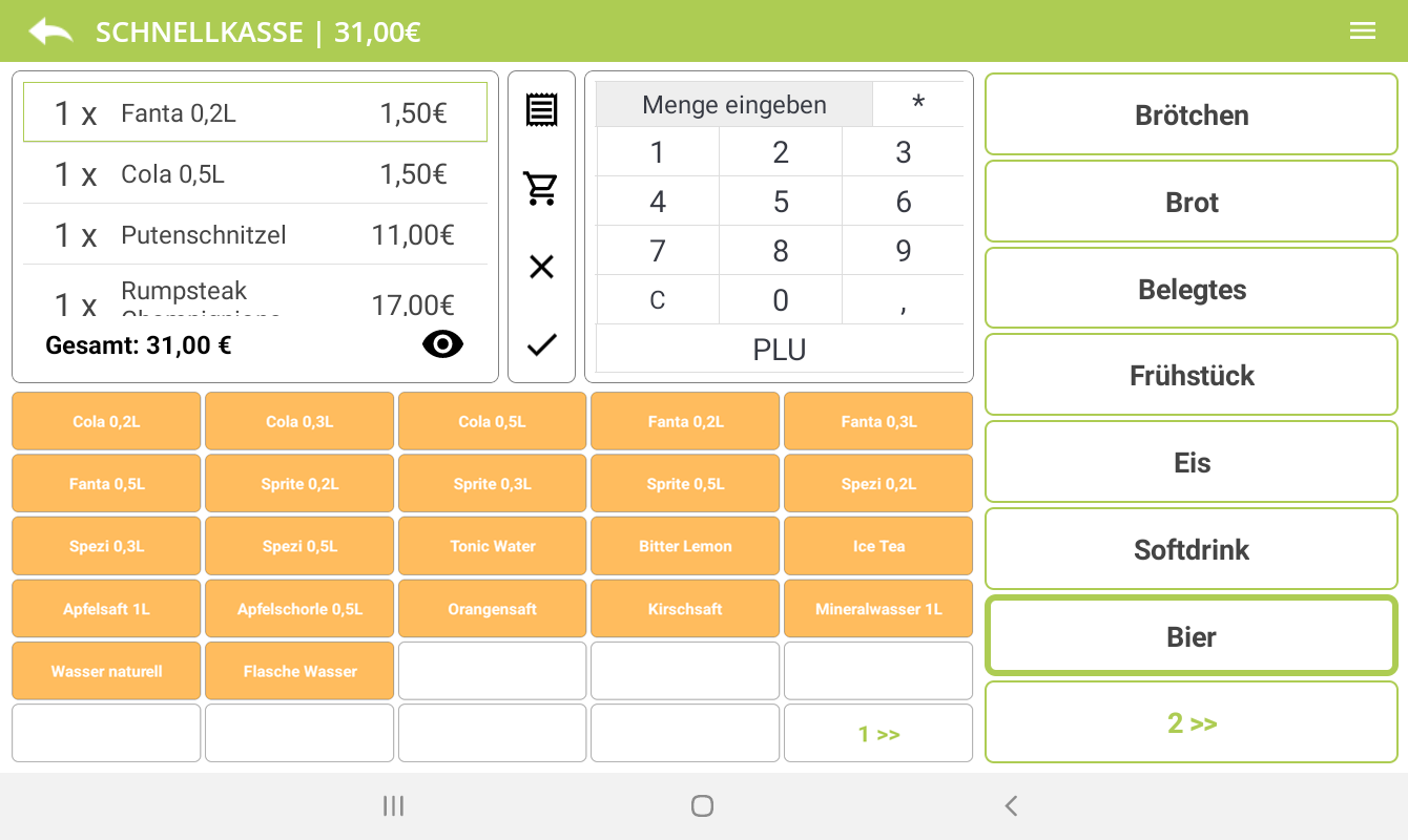 Touchscreen-Kassensystem mit Schnellkasse, Warenkorb, Nummernfeld und Produktkategorien für Gastronomie und Bäckerei