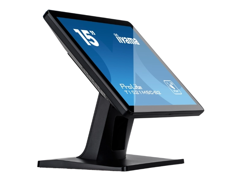 Schwarzer iiyama ProLite T1521MSC-B2 15-Zoll Touchscreen-Monitor mit neigbarem Standfuß, seitlich auf weißem Hintergrund dargestellt