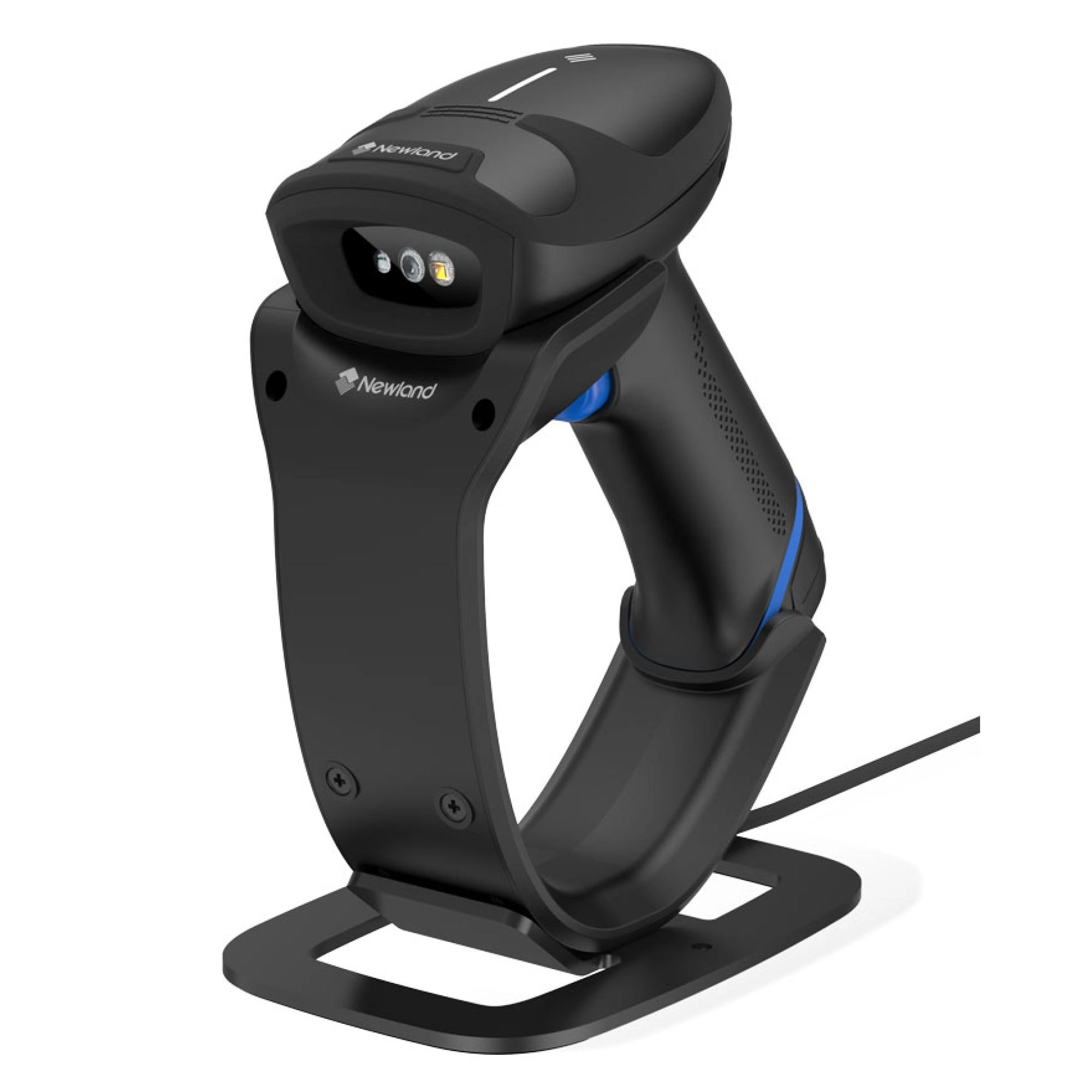 Schwarzer Newland Barcode-Handscanner mit Griff, blauem Auslöser und Halterung, ideal für Kasse, Lager und E-Commerce-Anwendungen