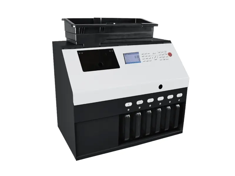 Schwarze Münzzähl- und Sortiermaschine mit Display