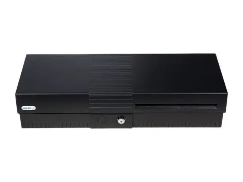 Schwarze Kassenschublade aus Metall mit Schloss