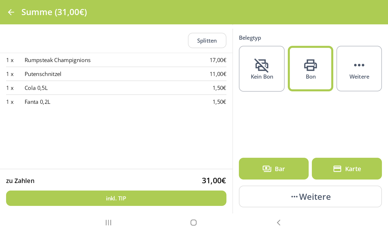 Tablet-Kassensystem zeigt Bestellübersicht mit Rumpsteak, Putenschnitzel und Getränken, Gesamtbetrag 31,00 € sowie Bon-, Bar- und Kartenzahlung.