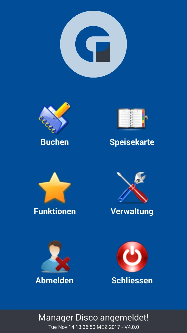 Startbildschirm einer Kassensoftware mit Funktionssymbolen