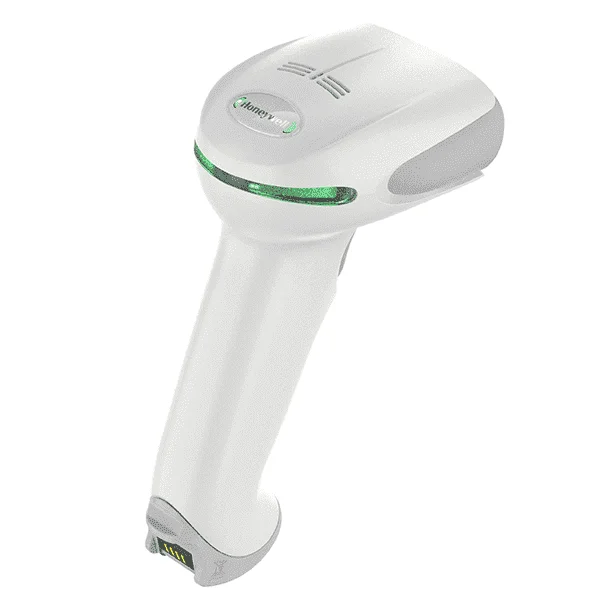 Weißer Funk-Barcodescanner in Ladestation