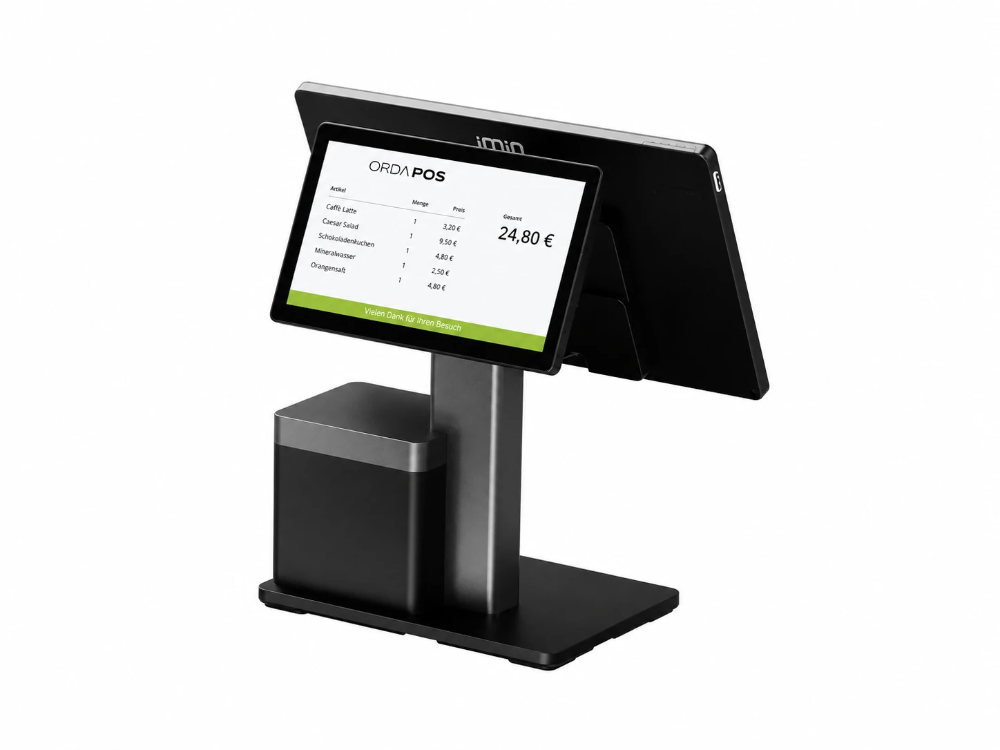 Schwarzes ORDAPOS Kassensystem mit Touchscreen, Kundendisplay und Standfuß für Gastronomie und Einzelhandel