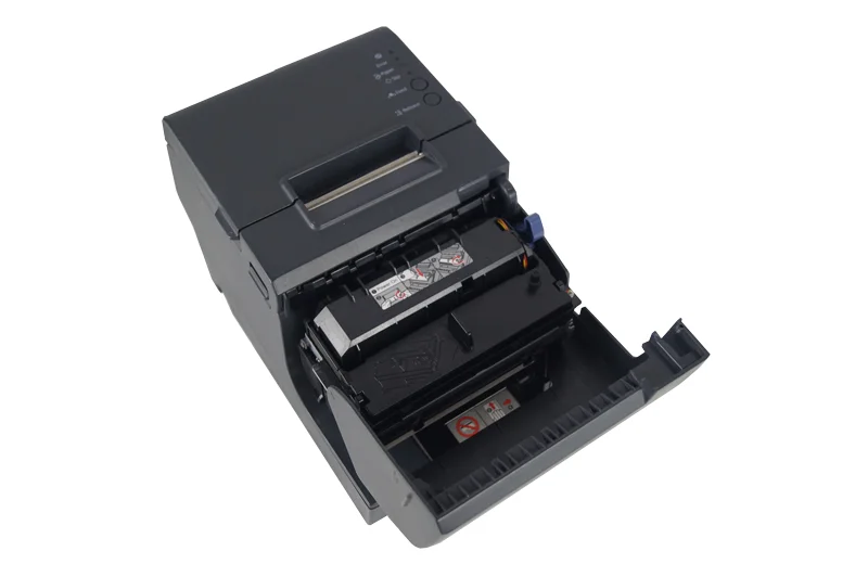 Geöffneter Thermobondrucker mit sichtbarer Papierführung