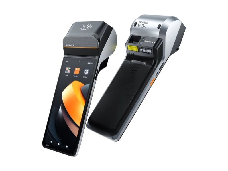 SUNMI V3H mobiles Android-POS-Terminal mit 6,75-Zoll-Display, integriertem 58-mm Bondrucker und Labeldrucker, 4G, NFC und Fingerprint
