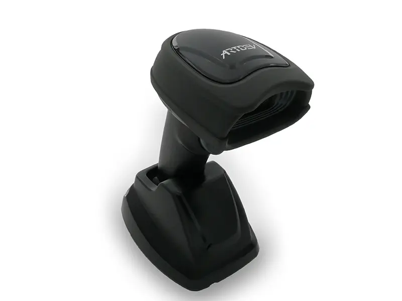 Schwarzer 2D-Barcodescanner mit Ladestation aufrecht