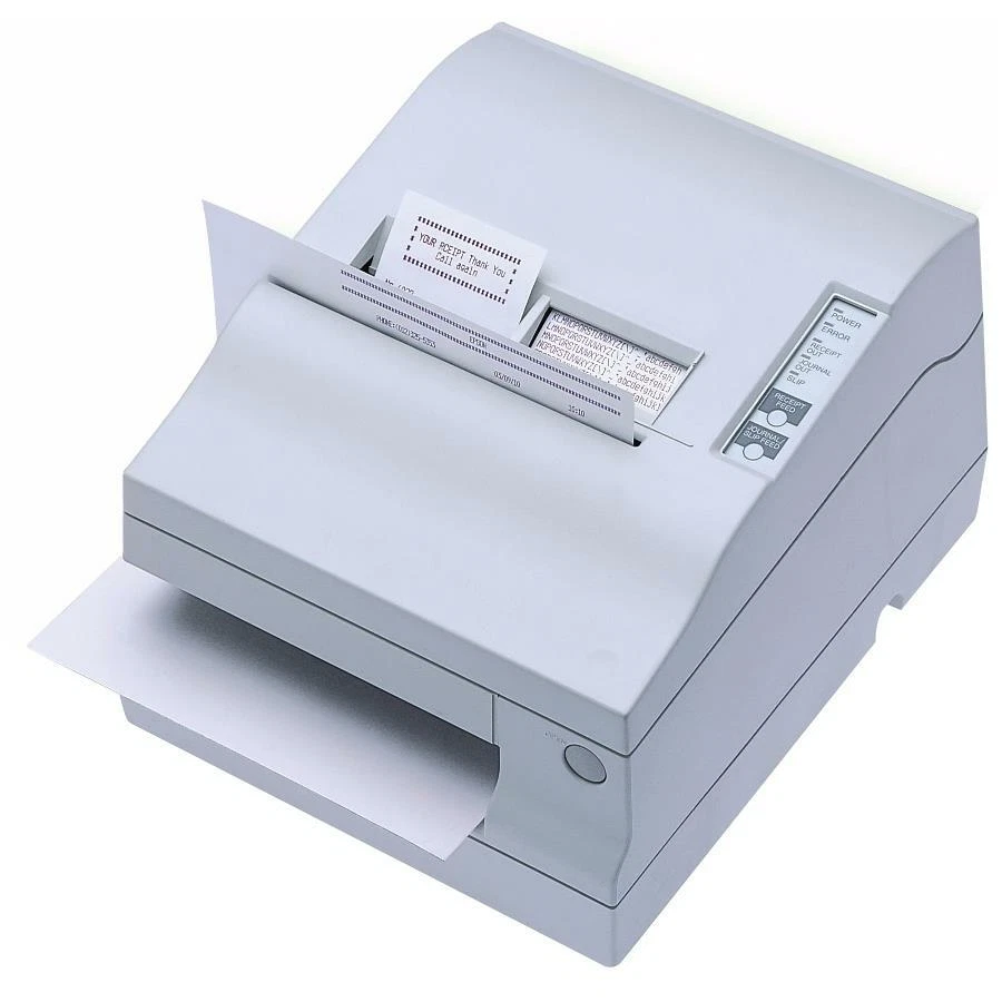 Grauer kompakter Bondrucker mit Papierausgabe und gedrucktem Kassenbeleg, ideal für POS, Kasse und Quittungsdruck
