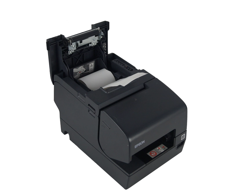 Schwarzer Epson Bondrucker mit eingelegter Papierrolle