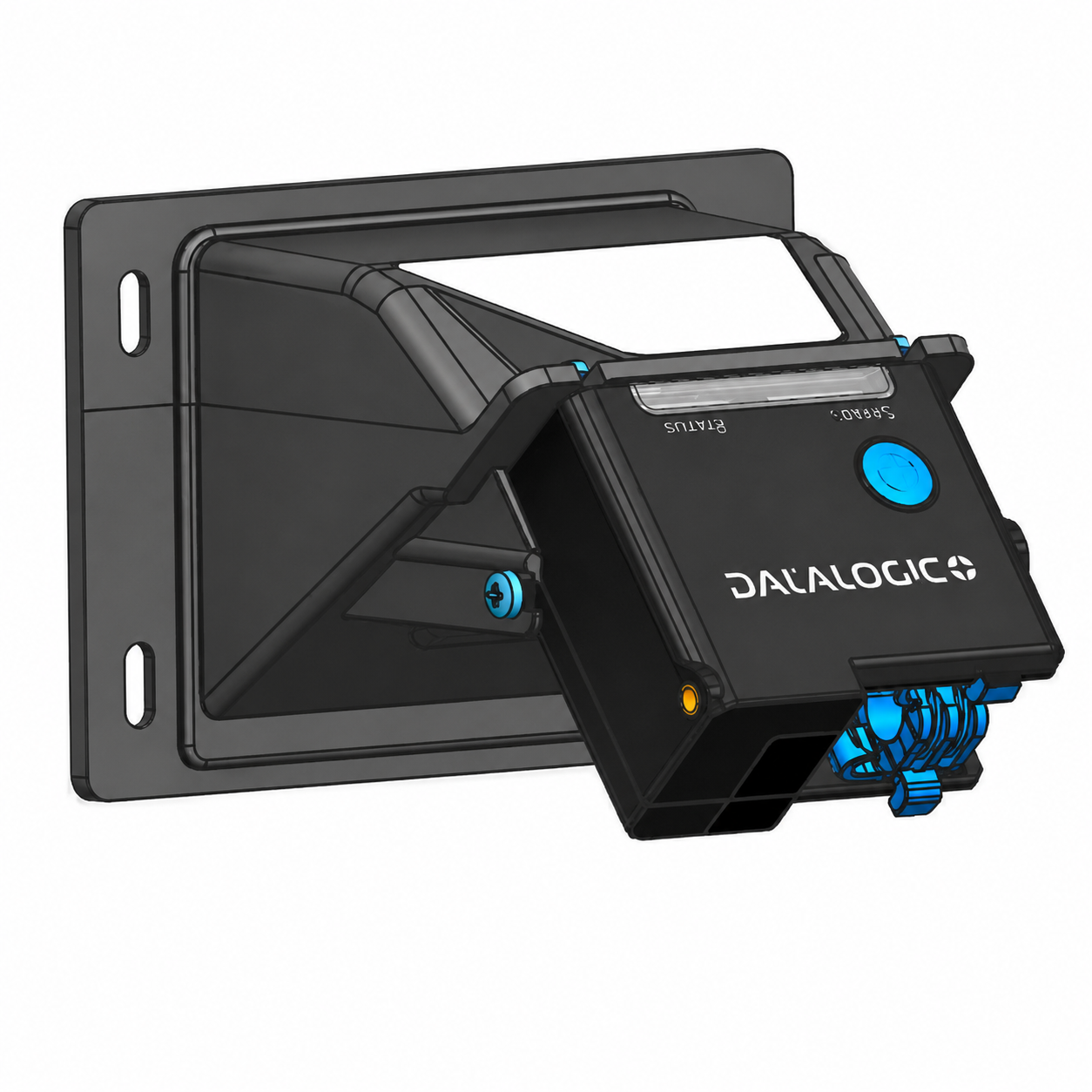 Schwarze Datalogic Halterung zur Wandmontage für Barcode-Scanner mit blauem Entriegelungsmechanismus