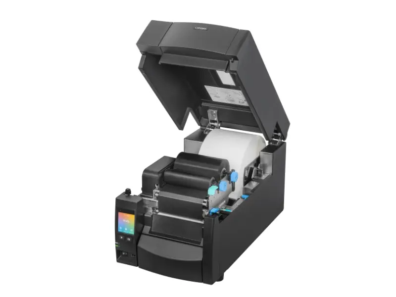 Geöffneter Etikettendrucker mit eingelegter Etikettenrolle