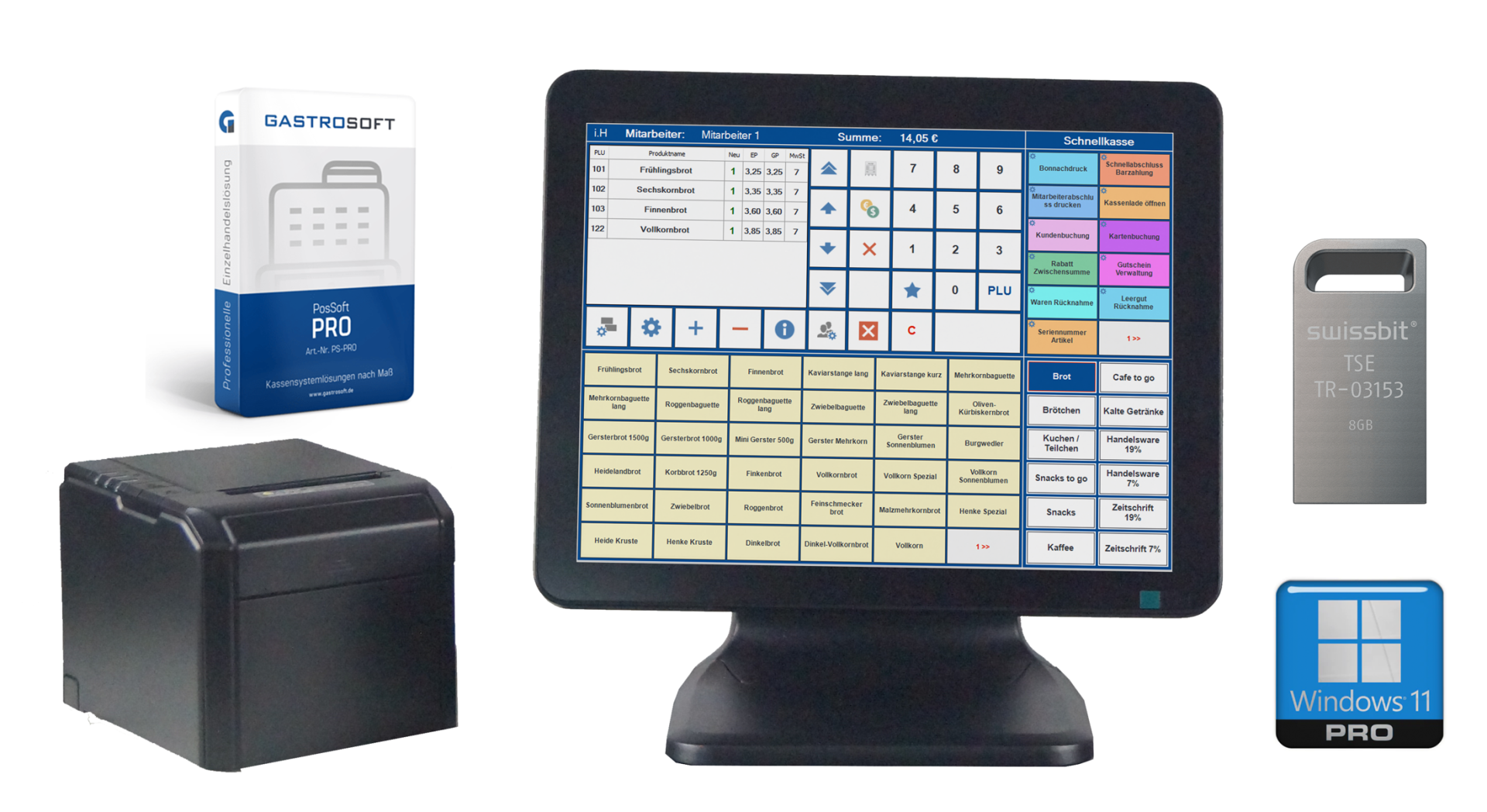 GastroSoft POS-Kassensystem für Bäckerei und Handel mit Touchscreen, Bondrucker, PosSoft PRO Software, Swissbit TSE-Stick und Windows 11 Pro