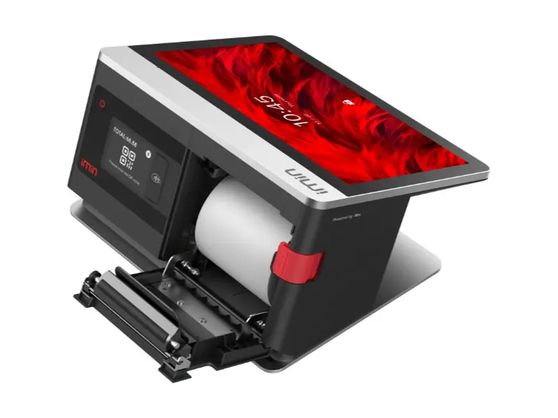 Schwarzes iMin Kassenterminal mit offenem Bondrucker