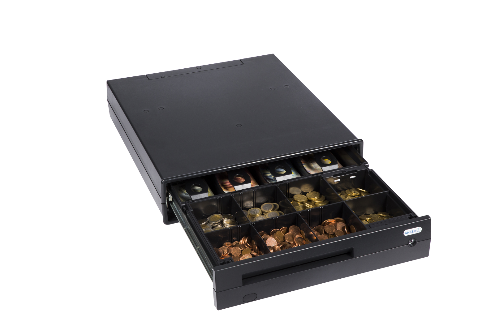 Geöffnete ANKER Universal Cash Drawer in Anthrazit mit 4 Scheinfächern und 8 Münzfächern für professionelle Kassenplätze