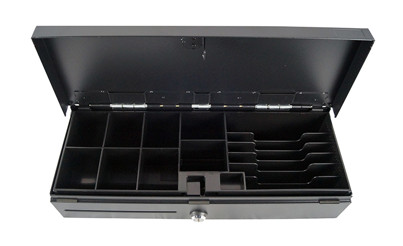 Kassenklapplade MagicPOS 410FT schwarz nach oben öffnend, Maße 460x100x170mm (BxHxT), 6 Scheinfächer