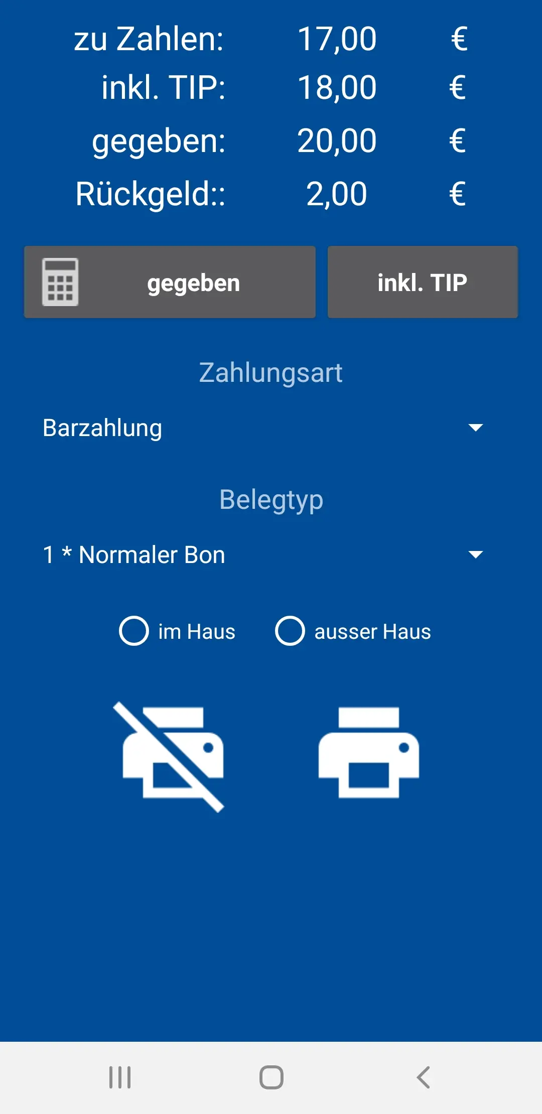 Kassensystem mit Barzahlung, Trinkgeld und Rückgeldanzeige