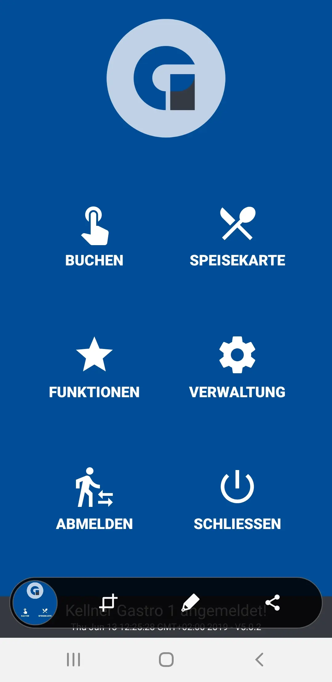 Blauer Gastro-App Startbildschirm mit Menüs Buchen, Speiseka