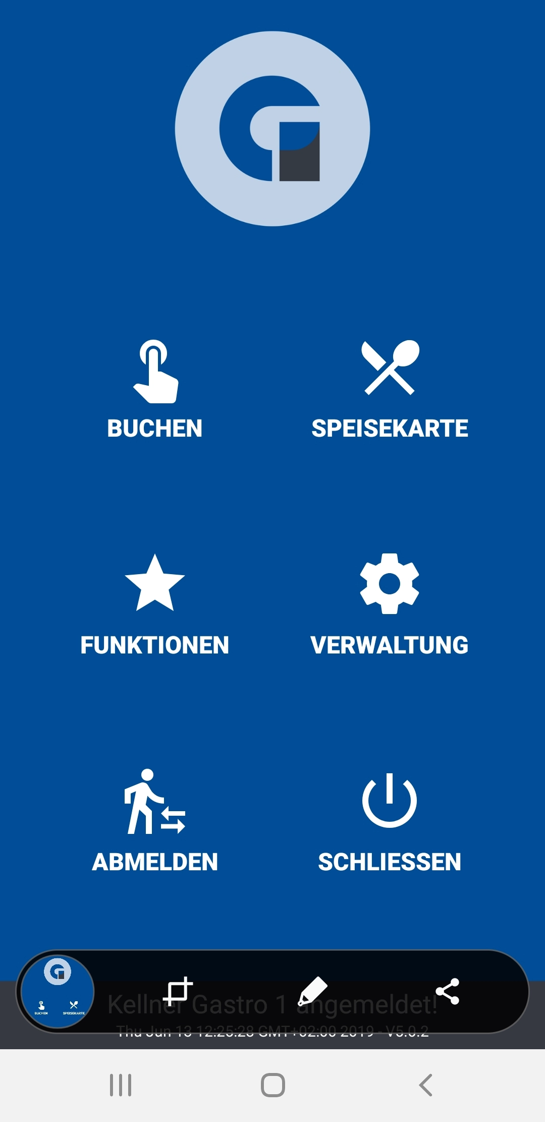 Blauer Gastro-App Startbildschirm mit Menüs Buchen, Speiseka